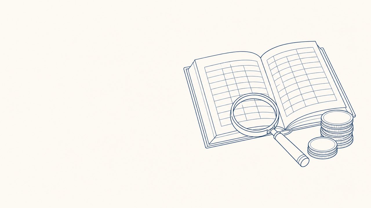 Lijntekening van een opengeslagen naslagwerk met een vergrootglas en een stapeltje munten, in de huisstijl van ZZP Buffer 2026